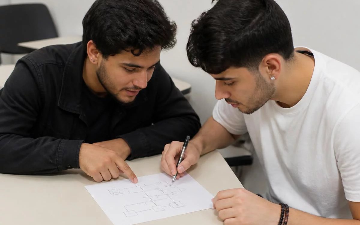 Participantes revendo apontamentos num tablet apoiado sobre a mesa durante o intervalo